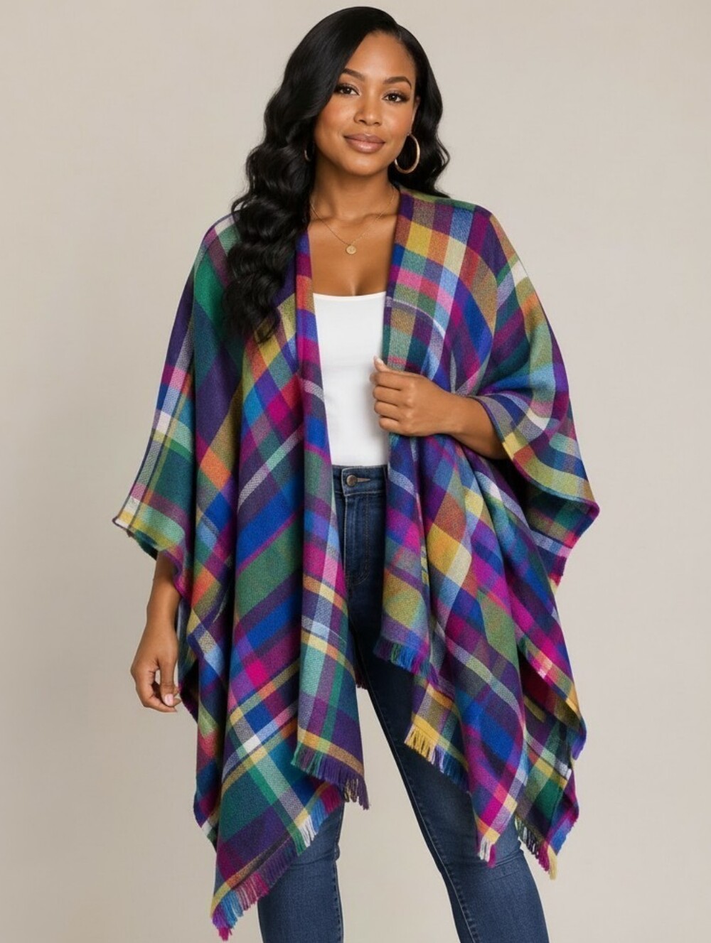 Soft Surroundings Caftan Kimono Blue Multi Frayed Hem One Size